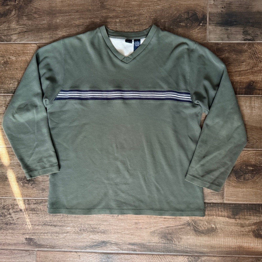 Cherokee Vintage‎ 90s Men's Striped Long Sleeve V-Neck T-Shirt,Green, L